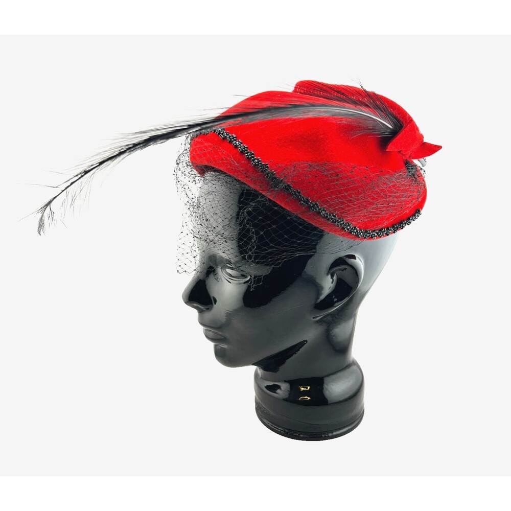 Vtg Parmillo NY Red Cocktail Tilt Hat Wool Felt Black Beaded Net Veil Feather